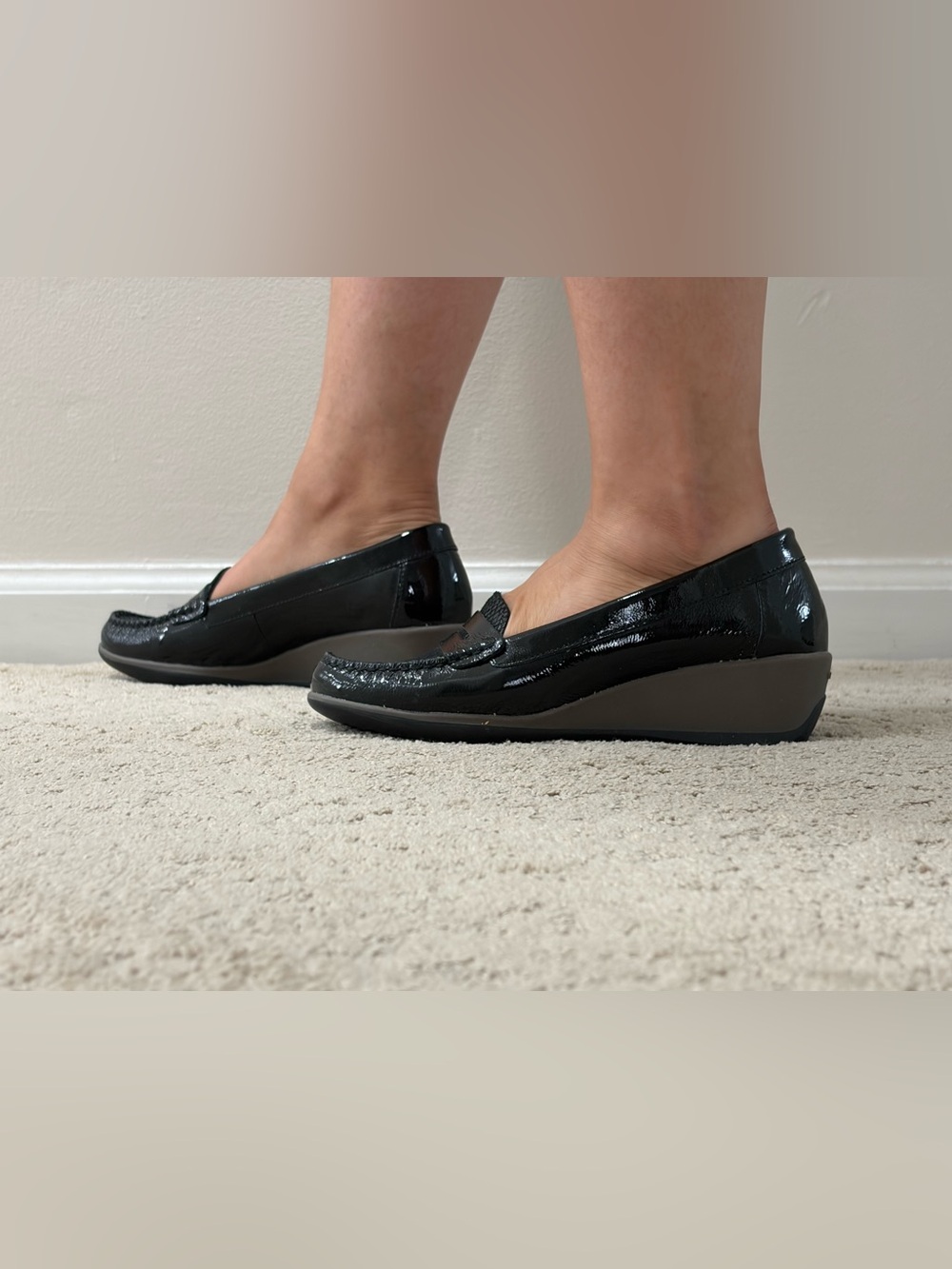Geox Black Patent Leather Wedge Loafers